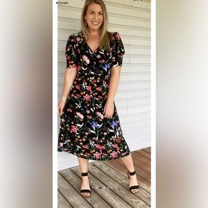 A New Day Floral Midi Dress Short Sleeves Size M Puff Sleeves V-Neck